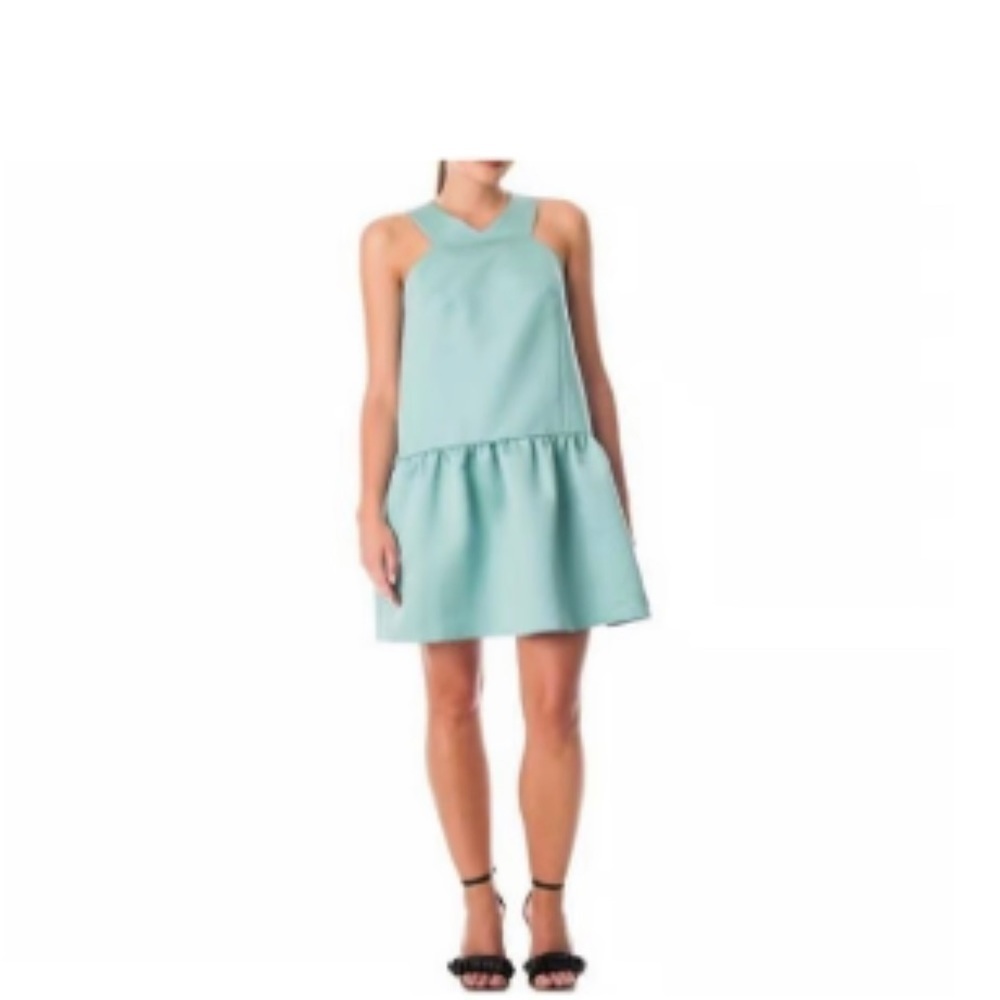 TIBI Halter V-Neck light Teal Green Sleeveless Fi-Flare Mini‎ Dress size 6